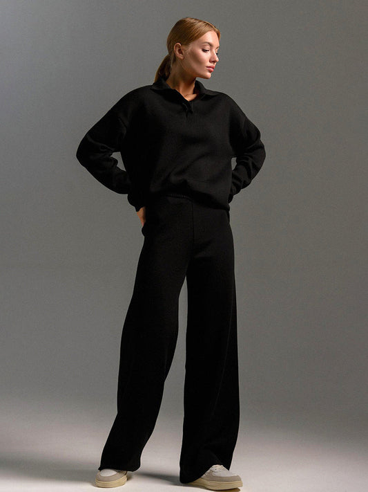 Jacqueline | Damen Polopullover- und Weitbein-Hosen-Set