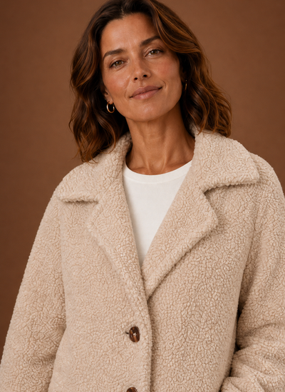 Damen Teddymantel lang mit Zweireiher