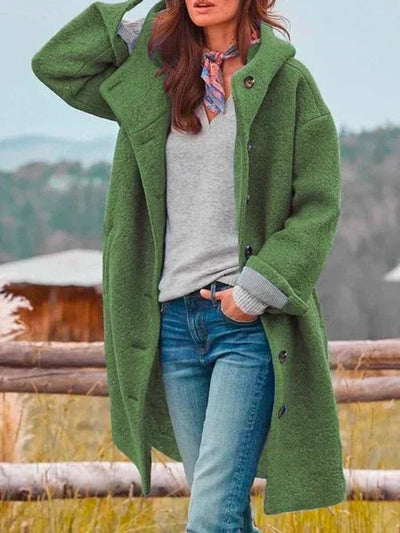 Hannah | Damen Fleece Mantel mit Kapuze Langarm Knopfleiste Women Coat