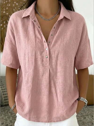 Johanna | Damen Kurzarm-Bluse mit Kragen lockerer Leinen-Look Knopfleiste