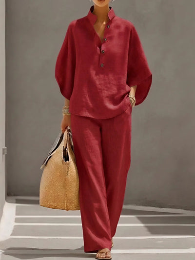 Lena | Damen Leinen Kimono-Ärmel Bluse und Weite Hose Set