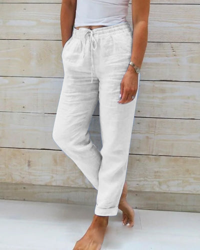 Hannah | Damen Leinen Kordelzug Gummibund Gerade Hose