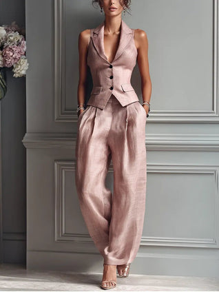 Sophie | Damen Leinen Weste Wide-Leg Hosen Set