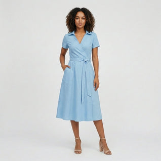 Sophie | Damen Wickel-Midi-Kleid mit V-Ausschnitt Taillengürtel Seitentaschen